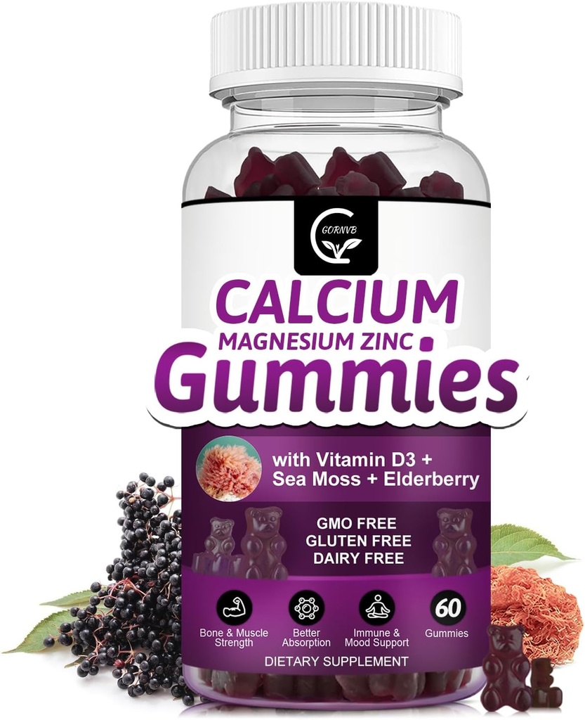 Calcio Magnesio Zinc Gummies con Magnesio de Alta Absorción, Potasio, D3 - para Bone, Muscles, Immune & Sleep Support, Vegan