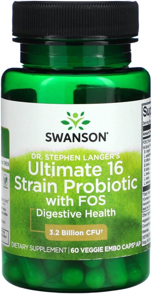 Swanson Dr. Stephen Langer's Fórmula - Natural Probiótico w / Prebiótico FOS - 16-Strain Suplemento Promoción Digestivo Soporte w / 3.2 Billones CFU por cápsula - (60 Veggie Capsules)