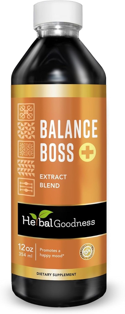 Herbal Goodness Happy Mood Support Suplemento - St Johns Worth promueve la relajación y la calma, Rhodiola Rosea Balance Boss 12 Fl. oz