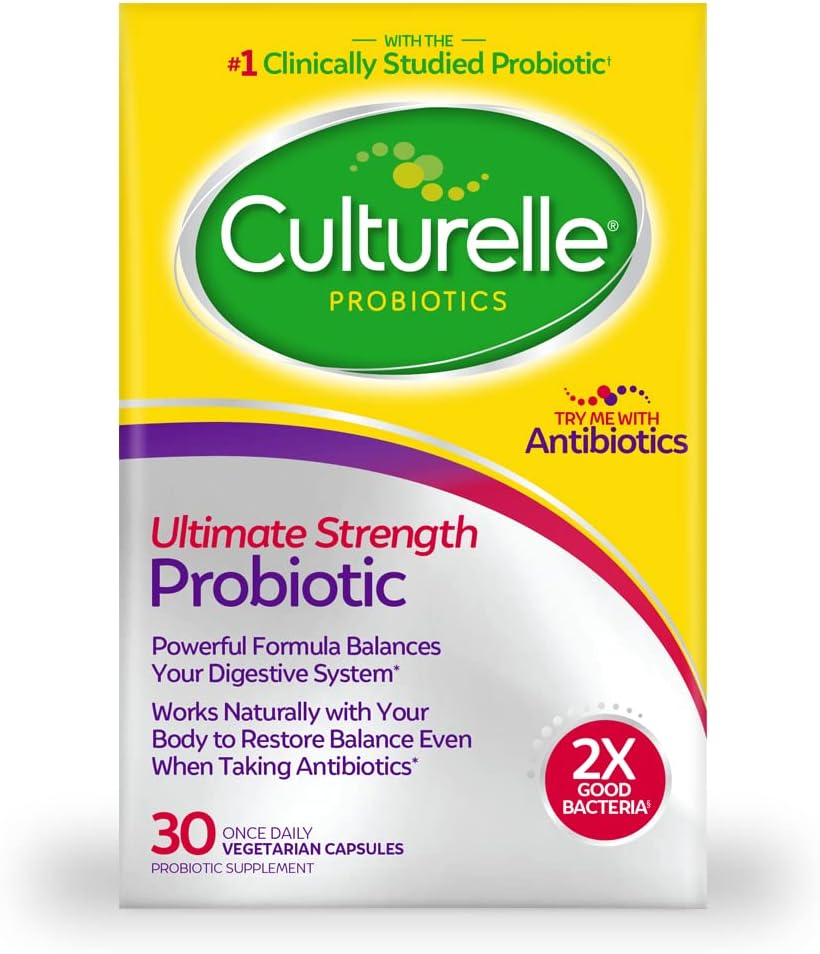 Culturelle Ultimate Strength Probiotic for Hombres and Women, Most Clinically Studied Probiotic Strain, 20 Billion CFUs, soporta la diarrea ocasional, gas " Bloating, Non-GMO, 30 Cuenta