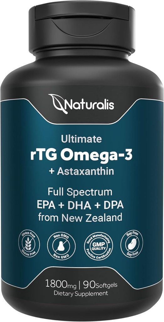 Naturalis Ultimate rTG Omega 3 Fish Oil 1800mg de Wild New Zealand Tuna - Full Spectrum Omega3s EPA, DHA & DPA - Sostentablemente Fuented, No GMO, Gluten Free - 90 Softgels