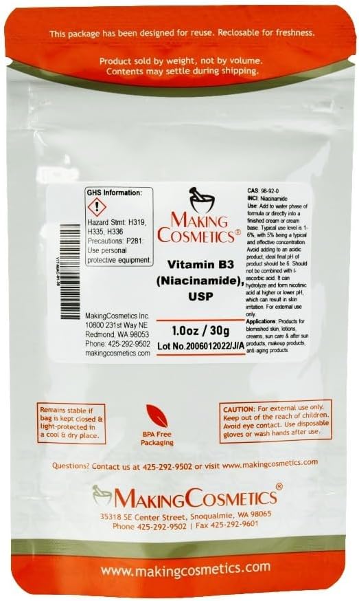 FabricaciónCosmética - Vitamina B3 Polvo, Grado USP - 1.0oz / 30g - Ingrediente cosmético