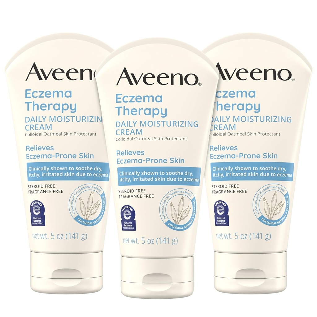Terapia Aveeno Eczema Crema corporal hidratante diaria para la piel sensible, calmante crema de alivio eczema, avena fría " Ceramida para la piel seca " , sin esteroides " sin fragancia, 5 oz, paquete de 3