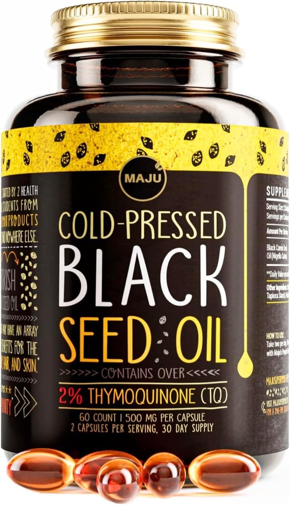 Maju Superfoods Black Seed Oil Capsules - Cold Pressed, 2% Thymoquinone, 100% Turco Negro Cumin Nigella Sativa Seed Oil, Liquid Pure Blackseed 60 Cuenta, 500 mg por cápsula