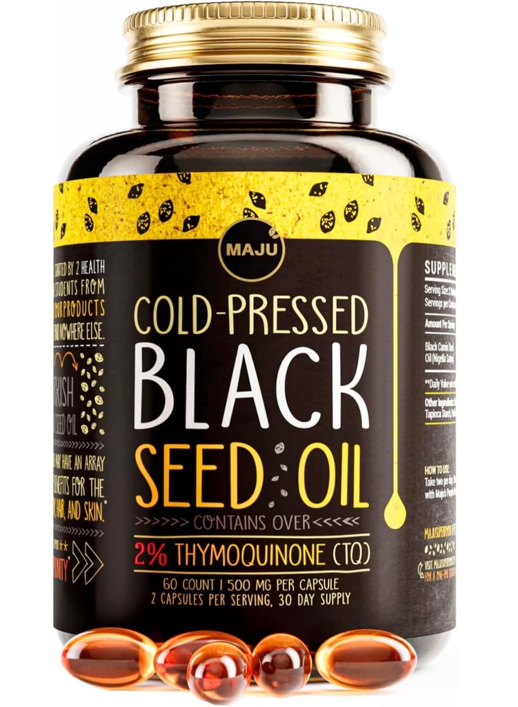 Maju Superfoods Black Seed Oil Capsules - Cold Pressed, 2% Thymoquinone, 100% Turkish Black Cumin Nigella Sativa Seed Oil, Liquid Pure Blackseed 60 Count, 500mg per Capsule