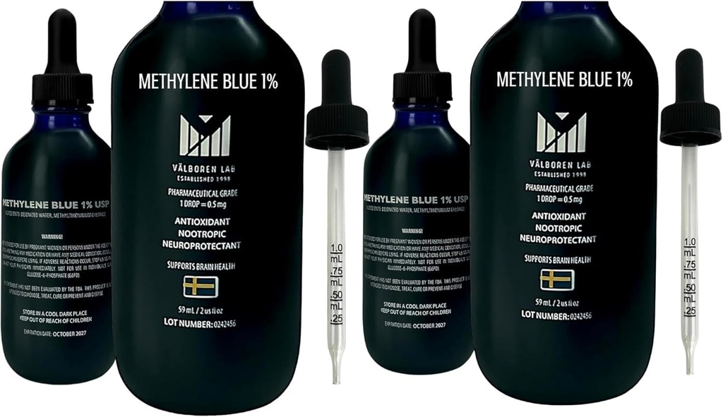 Metileno Blue Pharmaceutical Grade Bundle - 2 oz &amp; 4 oz Bottles - USP Grade - Made in USA - Third-Party Tested, Formaldehyde &amp; Alcohol-Free - Brain Health Supplement - Methylene 1% Drops for Humans