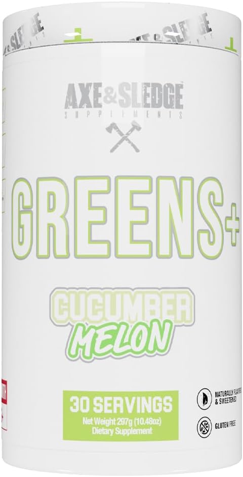 Axe &amp; Sledge Greens+ Superfood Powder ¦ Greens Juice, Probiotics, Digestive Enzymes, Ashwagandha, Coconut Water Powder ← Naturalmente Saborado &amp; Endulzado, 30 Servings, Plus V2 Cucumber Melon