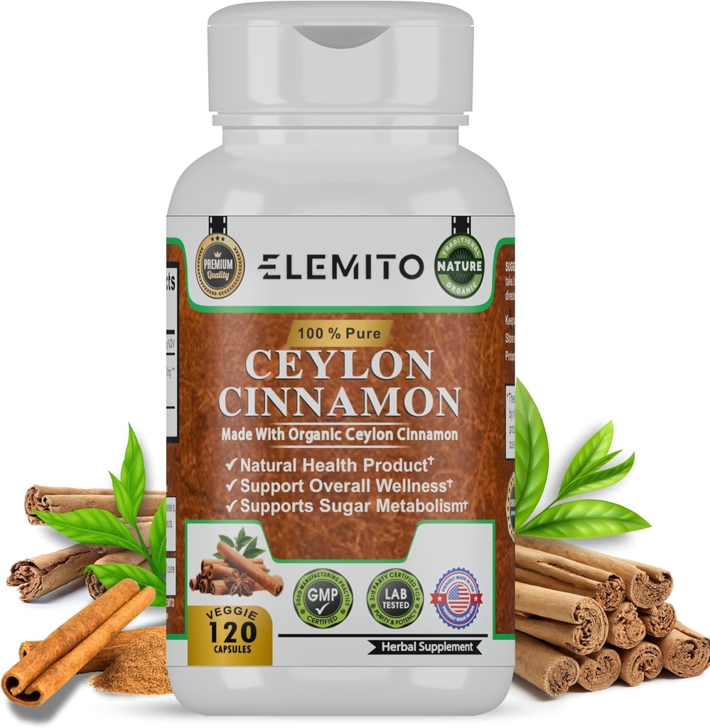 Ceylon Cinnamon Capsules, Energy, Heart &amp; Metabolism Support, Certified Organic Ceylon Cinnamon Pills, Non-GMO, Vegan, Gluten-Free - 120 cápsulas
