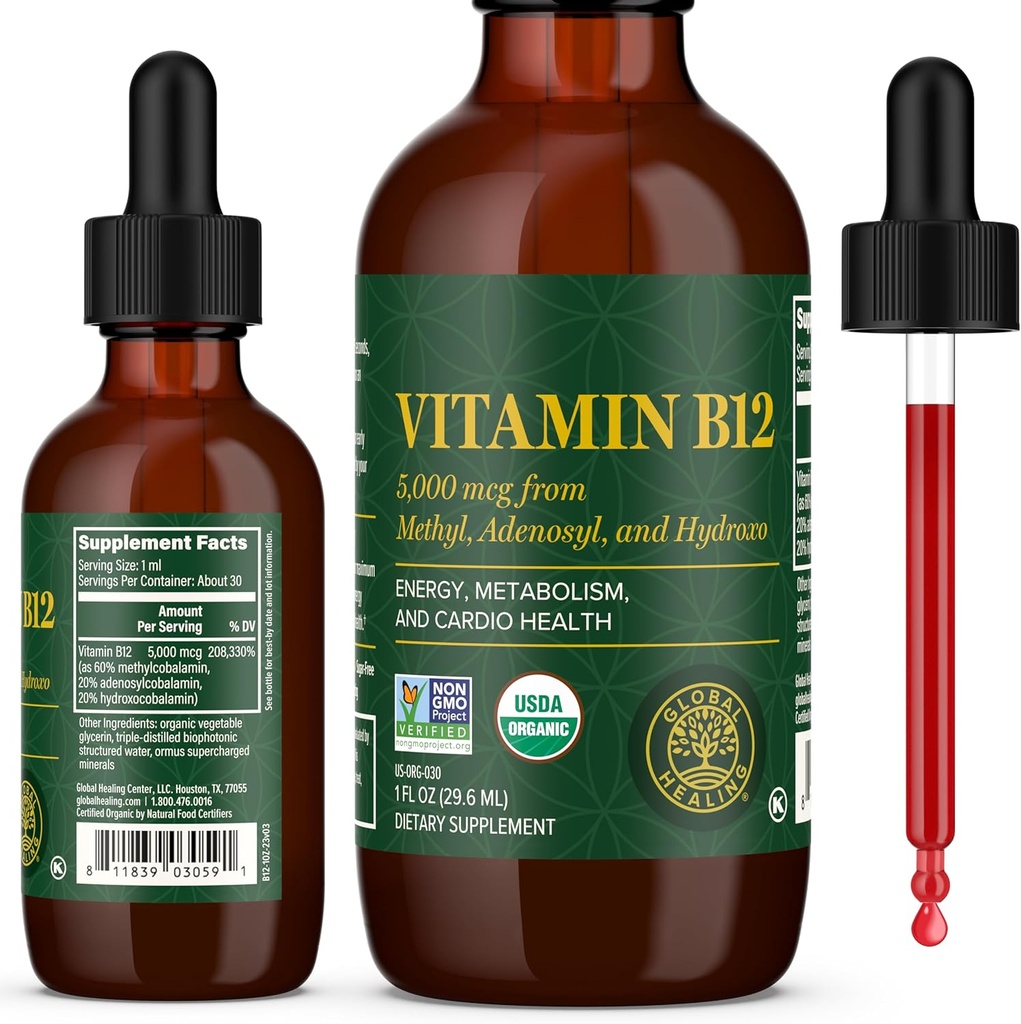 Centro Mundial de Sanación - Vitamina B12 Sublingual 5000 MCG Suplemento Orgánico Líquido, Metilcobalamina, Adenosylcobalamin, Hydroxo Larga Energía y Metabolismo Saludable - Vegan B12 Vitaminas (1 Oz)