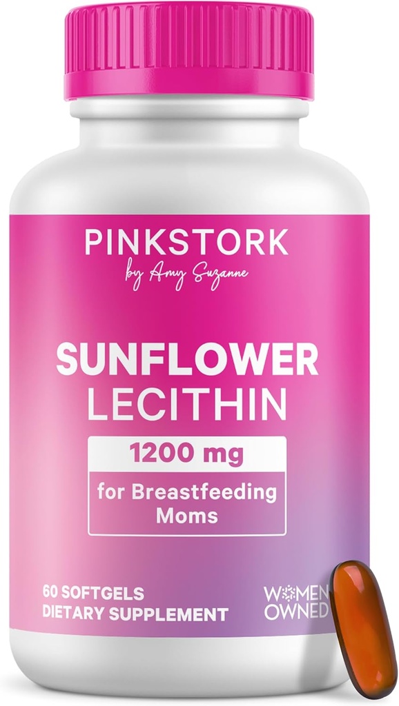 Pink Stork Sunflower Lecithin Suplemento - 1200 mg para Clogged Milk Ducts - Breastfeeding Essentials for Postpartum Moms - Supports Breast Milk Flow - 60 Softgels