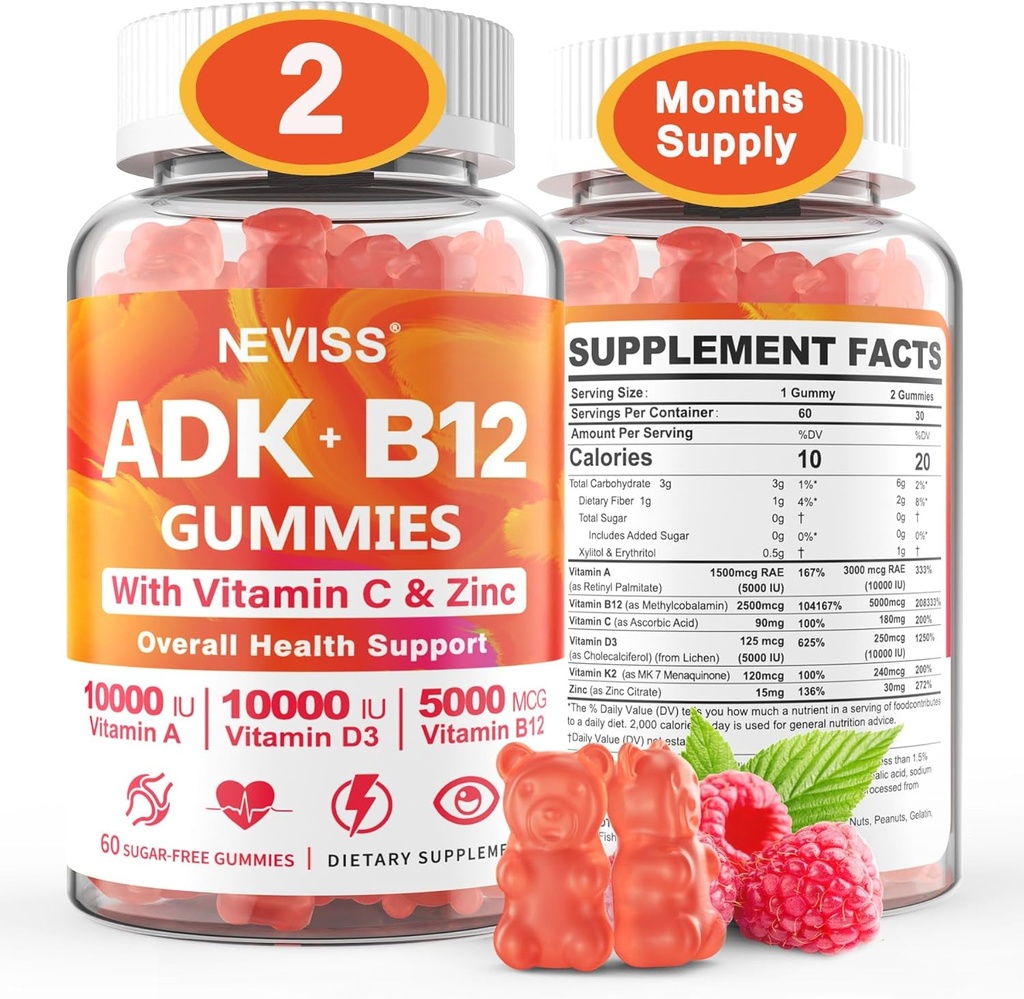 Mujeres multivitamínicas metiladas, vitamina D3 K2 5000IU / 10,000IU, B12 5000 mcg 2500mcg, K2 (MK-7) 240mcg- ADK+Metil Vitamina B12, Vegan D3,Vitamin A,C,Zinc Eye,Bone,Energy,Inmune, Gummies libres de azúcar