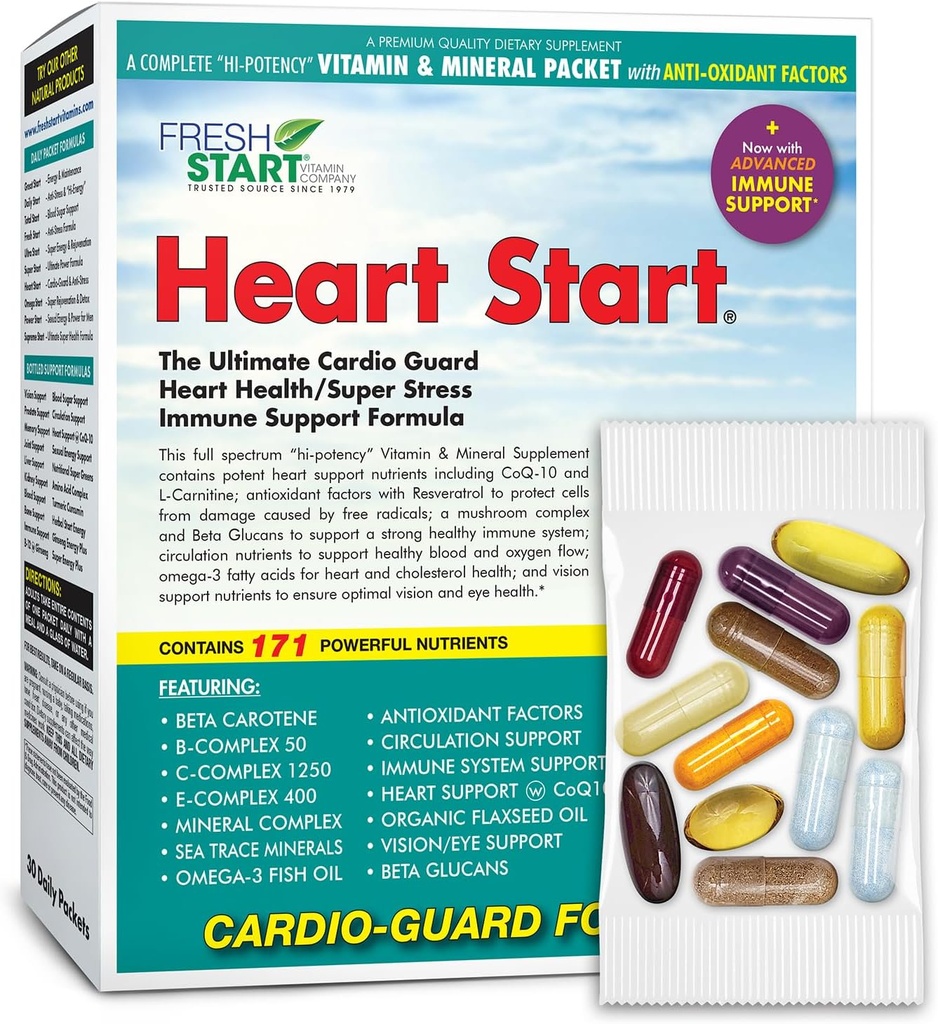 Heart Start Complete Daily Vitamin Pack ← Heart Support & Immune Booster ← Vitamin A, B, C, D, E, Minerals, Elderberry, Beta Glucans, Omega-3, CoQ-10, Quercetin, Resveratrol (30 Packets)