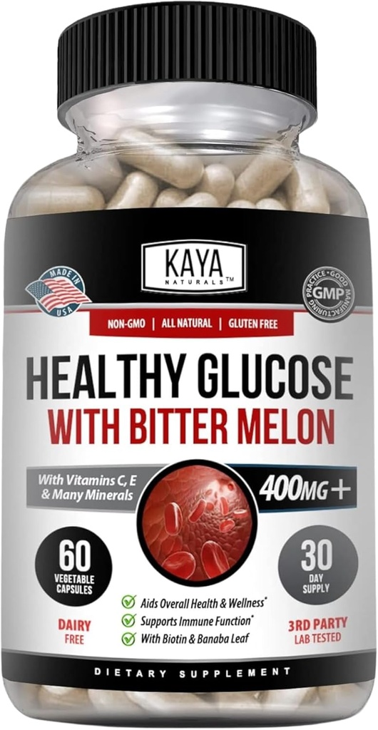 Kaya Naturals Gluco saludable con suplemento de Bittermelon Apoyo Niveles y Función saludables, 20 hierbas Vitaminas y Minerales, Acide de Lipoico alfa, Canela, Vitamina C &amp; E, No GMO (60 Cuenta)