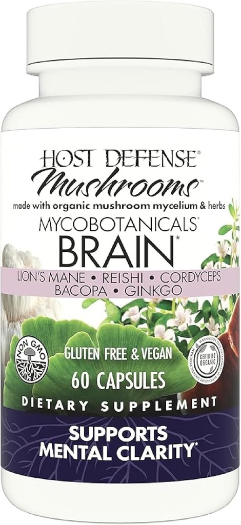 Host Defense MycoBotanicals Brain* Capsules - Suplemento de Apoyo al Cerebro con Mane de León, Reishi & Cordyceps Mushroom - Suplemento Herbal para Memoria &amp; Focus Support - 60 Capsules (30 Servimientos)*