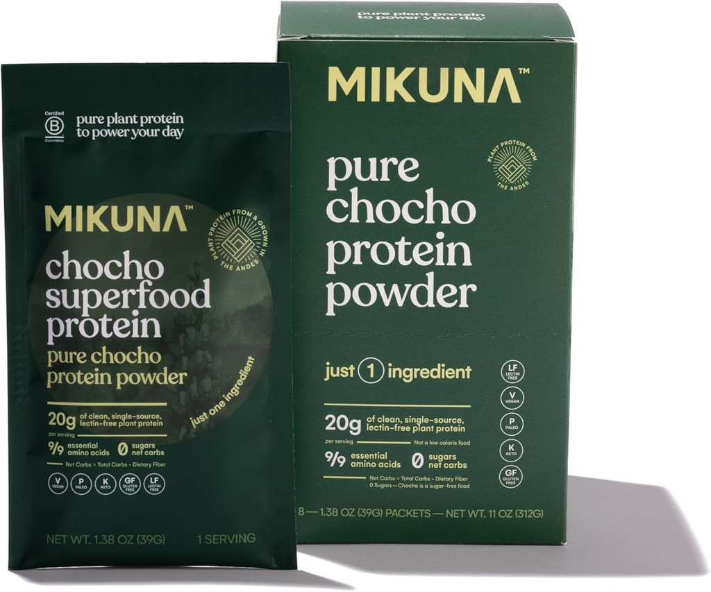 Mikuna Chocho Superfood Protein, Pólvora de proteínas de base vegetal, Paquetes de viaje - Vegan, Gluten Gratis, 3g Net Carbs o Menos, y Bioavailable, No-Isolato (8 Servings, Pure Chocho)