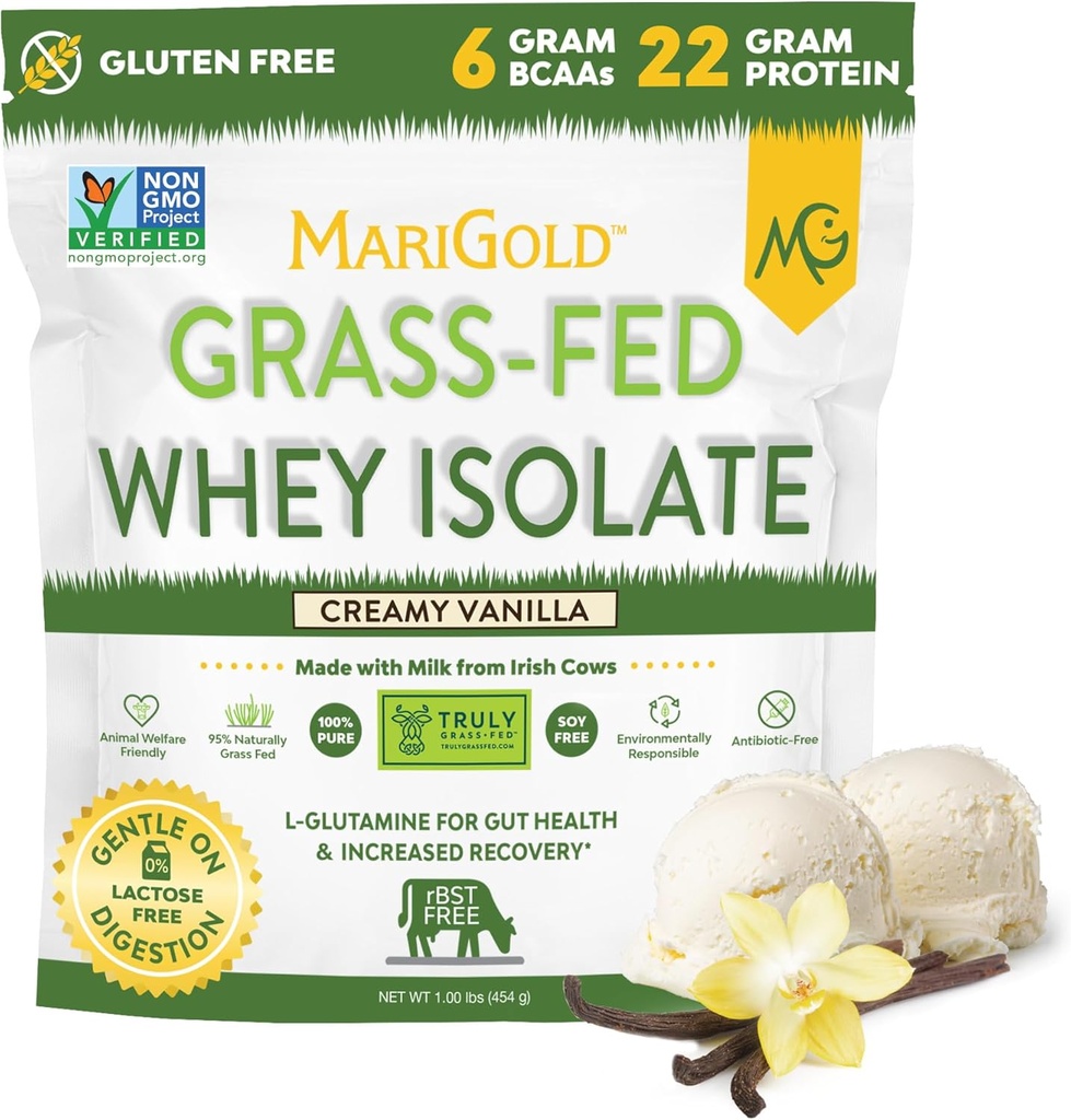 MariGold Grass-fed Whey Protein Isolate Powder - Creamy Vanilla Flavor - 1 Lb Bag TEN 100% Puro, Procesado en frío, MicroFiltered, Undenatured, Non-GMO, rBGH Free, Soy Free, Gluten Free, Lactose Free