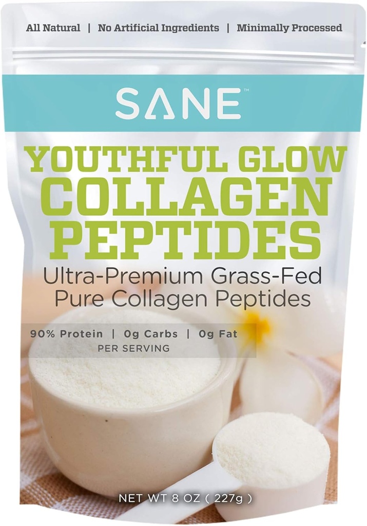 SANE MD - Pólvora de colágeno juvenil - Péptidos de colágeno de grano orgánico Fed Bovine Péptidos de colágeno hidrolizado Polvo para el cabello, uñas, piel &amp; salud conjunta - NSF certificado - 37 piezas