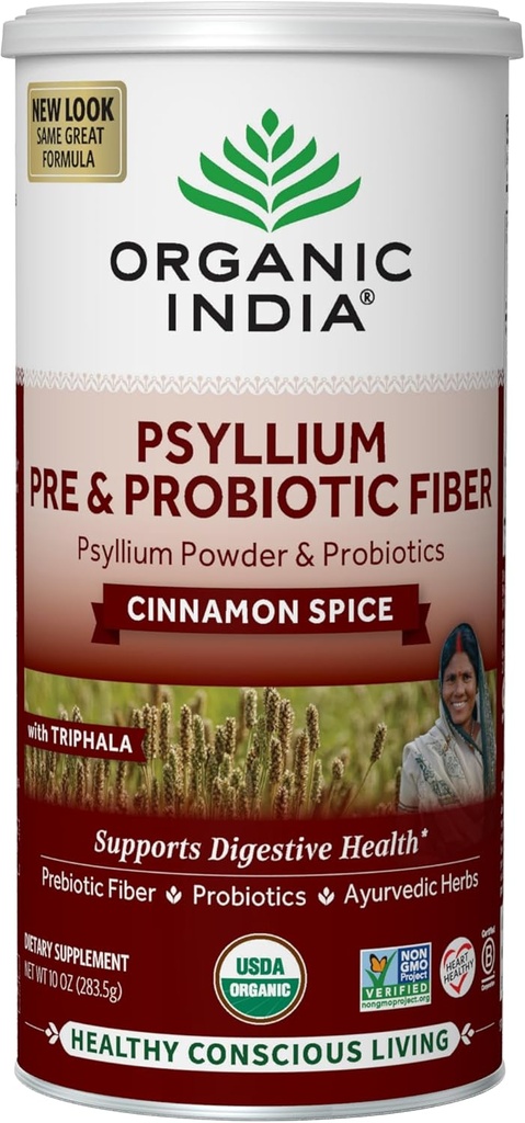 ORGANIC INDIA Psyllium Husk Powder - Pre &amp; Probiotic Fiber Supplement, Organic Psyllium Husk Fiber Supplement with Whole Psyllium Husk, USDA Certified Organic, Vegan, Gluten Free - Cinnamon, 10 Oz