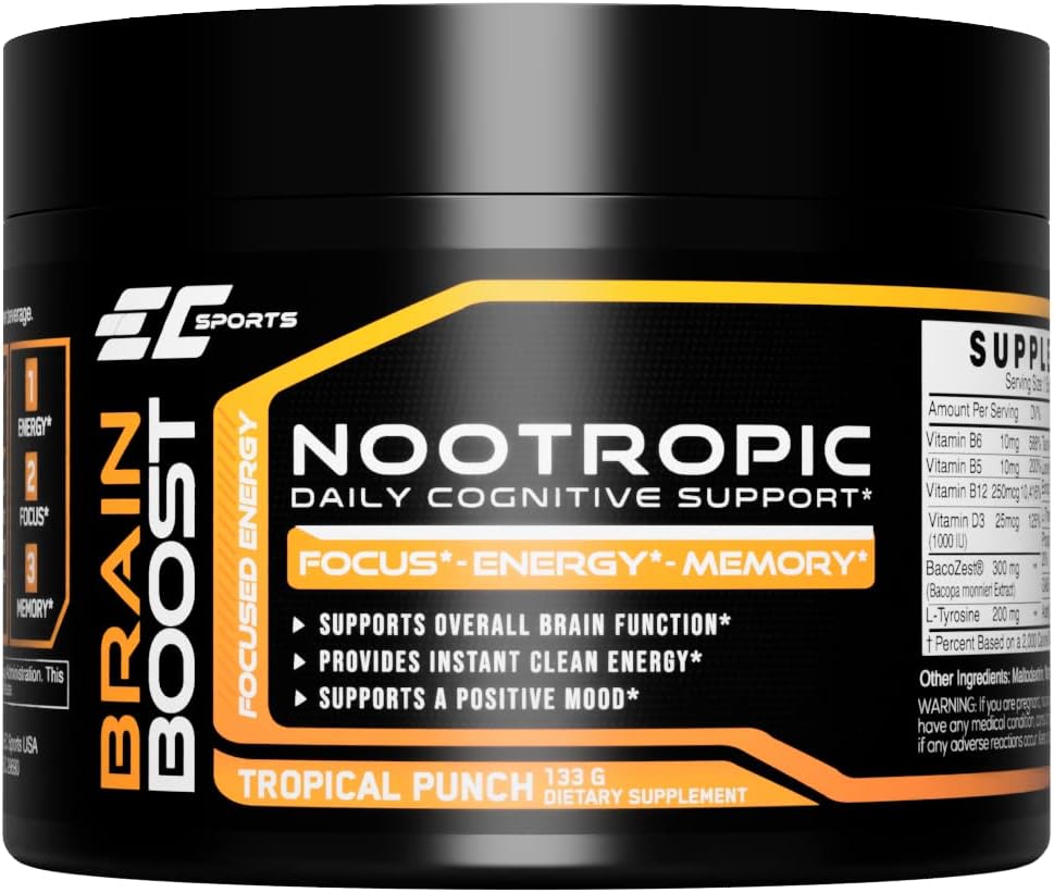 EC Sports Brain Boost Tropical Punch Suplemento Nootropic para Focus, Faster Processing, Instant Energy & Performance w/ 18 Nootropics - 30 Servings