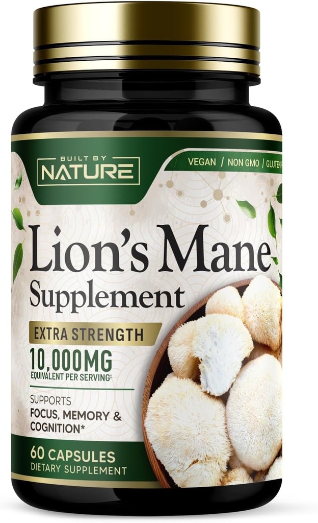 Built by Nature Lion’s Mane 10,000mg – Extra Strength Mushroom Supplement for Nootropic Brain Support – Focus, Memory and Cognitive Function – Non-GMO, Gluten-Free, Vegan - 60 Capsules