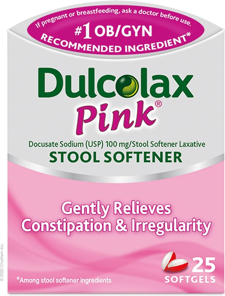 Dulcolax Pink Stool Softener, Docusate Sodium, 100 mg Soft Gel Tablets, 25 Cuenta