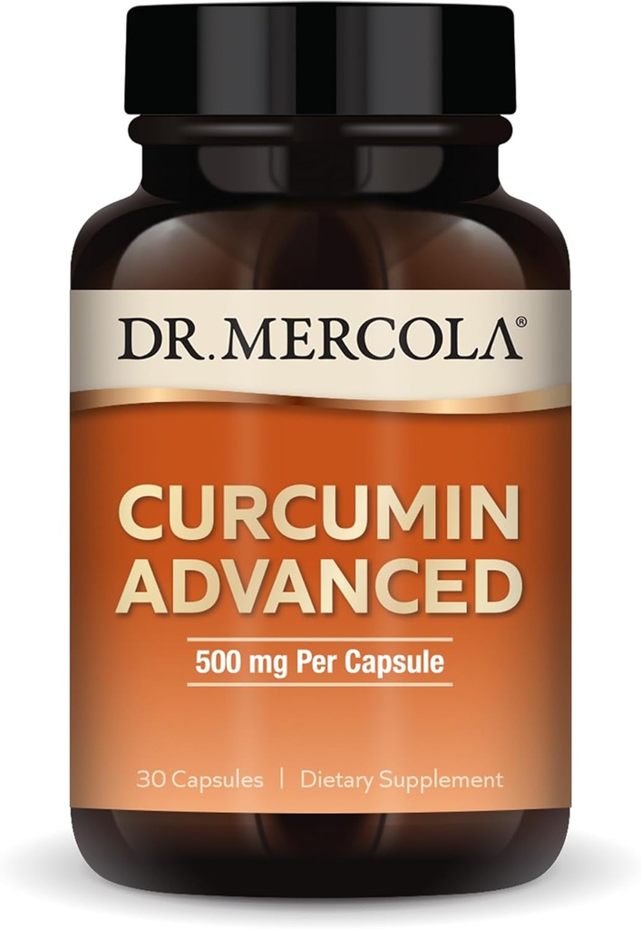 Dr. Mercola Curcumin Advanced - 500 mg Curcumin Root Extract - 95% Curcuminoides - Para Visión Salud, Digestión " Enfoque - Liberación sostenida - No GMO, libre de gluten " Soy-Free - 30 cápsulas (30 servidos)