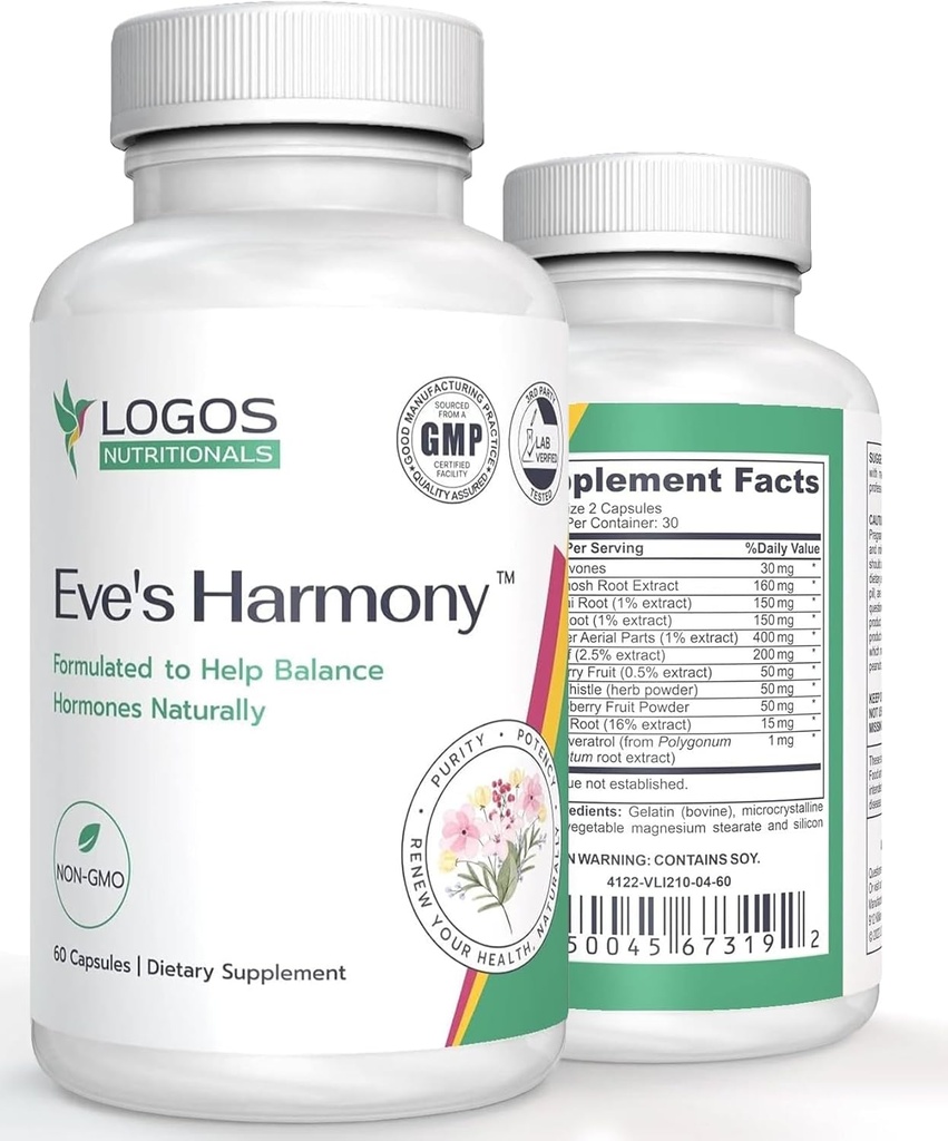 Suplemento de la Armonía de Eva, Apoyo hormonal para Mujeres con Isoflavonas de Soya, Black Cohosh &amp; Red Raspberry, Non-GMO Natural PMS &amp; Menopausal Symptom Support, 60 cápsulas