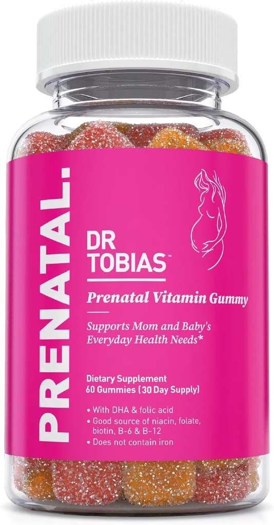 Dr. Tobias Prenatal Vitamina Gummy, Iron Free Prenatal Vitaminas con DHA y ácido fólico, Niacina, Biotina, B6, &amp; B12, Incluye aceite de pescado, para Pre &amp; Postnatal Support, 60 Gummies, 30 Serviciones