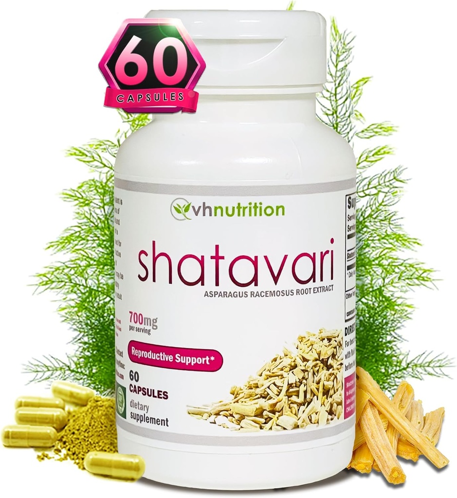 VH Nutrition SHATAVARI tención 700mg Esparagus Racemosus Extract ← Vitalidad femenina* " Rejuvenation* ← Natural Estrogen Balance* ← Soporta la Salud Hormonal y el Bienestar Global tención 60 cápsulas