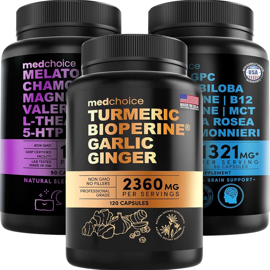 MEDCHOICE Turmeric " Ginger (120ct), Sleep Melatonin (90ct), and Nootropic Brain (60ct) Supplement Bundle - Wellness Trio for Brain, Sleep, " Immune Support - Vegan, Non-GMO, Gluten-Free