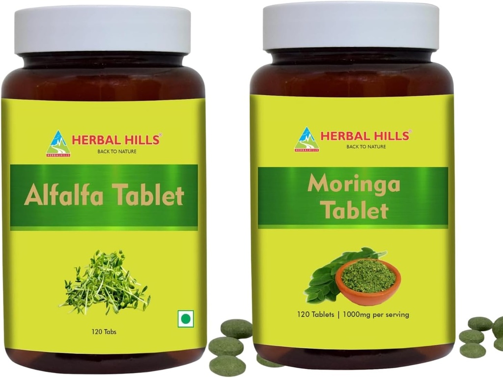 HERBAL HILLS Alfalfa Tablet and Moringa Leaf Tablet Pack of 2 Combo