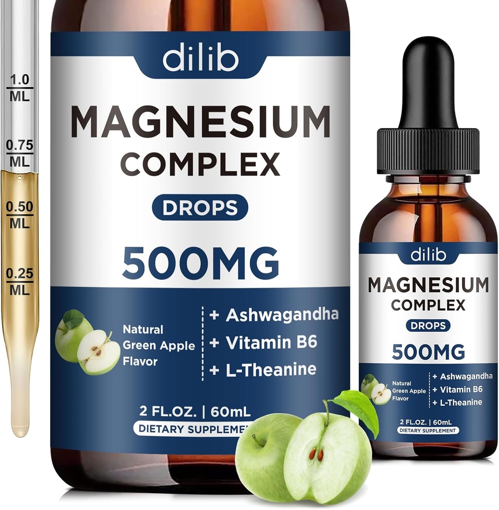 Triple Complejo de Magnesio Suplemento-Magnesium Glycinate, Citrato, Malate Liquid Drops 500mg con Ashwagandha, L-Theanine, B6 para la calma, Stress Relief, Sleep, Muscle Support-Green Apple Flavor