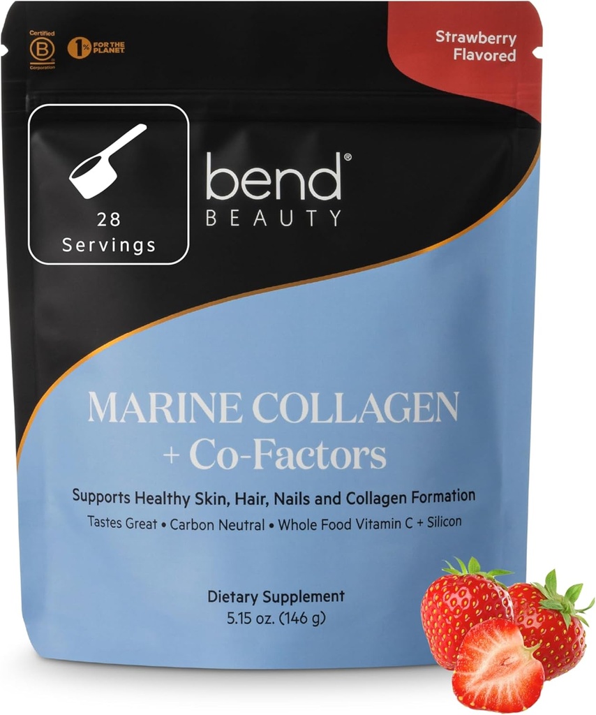 Bend Beauty Marine Collagen + Co-Factors ¦ Strawberry Flavored Collagen Powder ← Hidrolyzed Collagen Suplemento  Fish Collagen Peptides + Silicon + Vitamina C latitud soporta la piel saludable, el pelo y las uñas