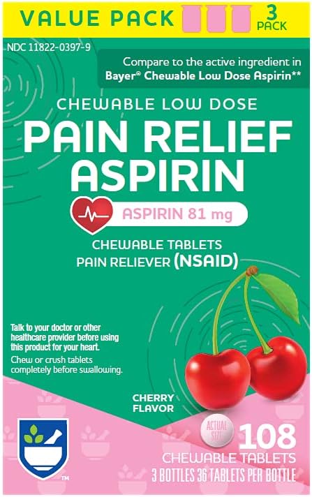 Rite Aid Adult Low Dose Aspirin 81 mg, Chewable Tablets Pain Reliever, Cherry Flavor, 3 Bottles, 36 Count Each (108 Count Total) | Chewable Aspirin Regimen | Headache Relief | Aspirin 81mg for Adults