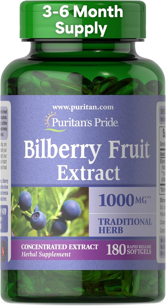 Puritan's Pride Premium Bilberry Fruit Extract 250 mg (1000mg Equivalente), 4:1 Suplemento herbario concentrado, Vitamina C, 3 a 6 meses de suministro, 180 Rapid Release Softgels (Packaging May Vary)