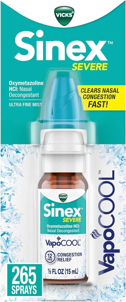 Vicks Sinex SEVERE Nasal Spray with VapoCOOL, Soothing Vicks Vapors, Decongestant Medicine, Relief from Stuffy Nose due to Cold or Allergy, " Nasal Congestion, Sinus Pressure Relief, 265 Sprays