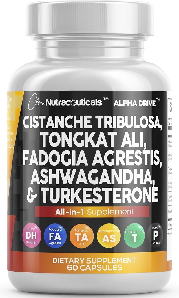 Limpio Nutra Cistanche Tribulosa Fadogia Agrestis Tongkat Ali Turkesterone Pills Ashwagandha Capsules Suplemento para Hombres - 60 Conde