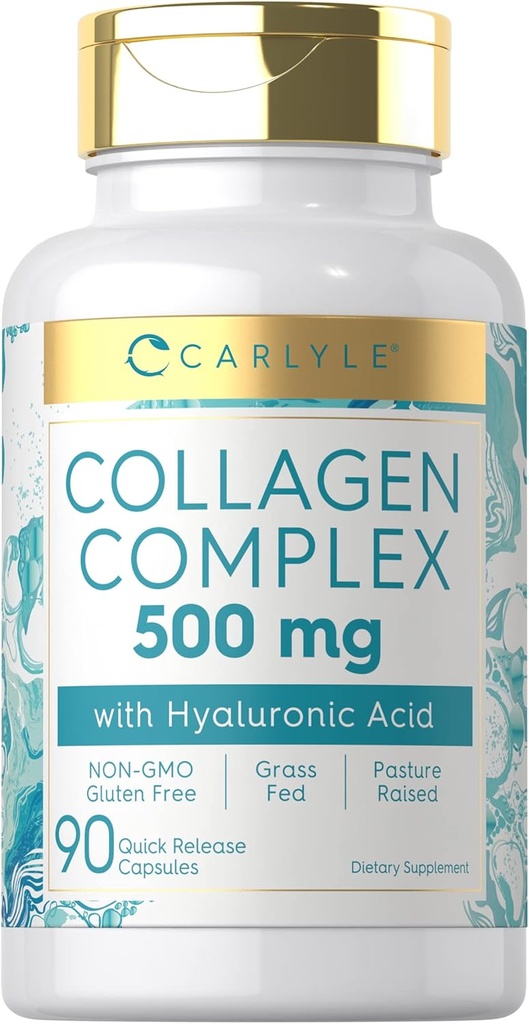 Carlyle Collagen Pills with Hyaluronic Acid 500mg  durable 90 Capsules  durable Hydrolyzed Collagen Supplement TEN Non-GMO, Gluten Free