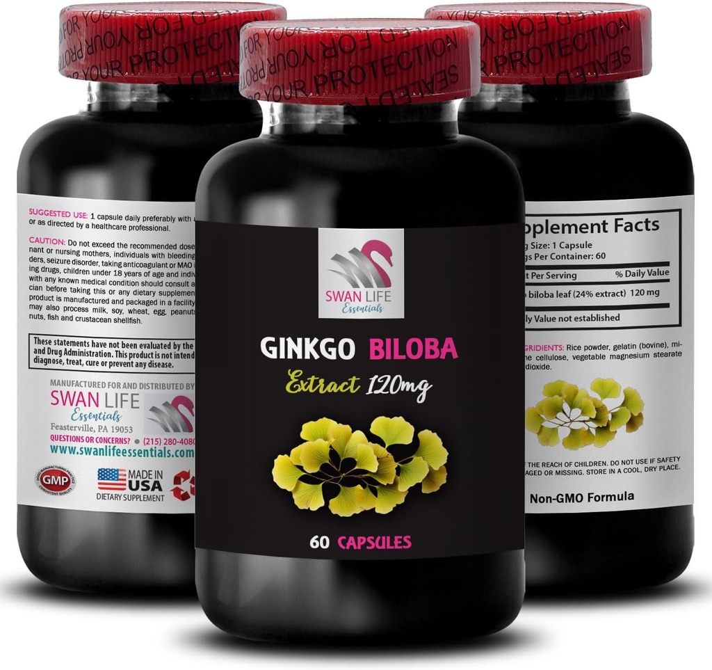 Extracto herbario en polvo - GINKGO BILOBA EXTRACT - Beneficios del extracto de Ginkgo biloba, Extracto herbal del pozo, Extracto de planta Ginkgo biloba, Complemento de Ginkgo biloba, antioxidante botánico 1 Botella 60 Caps