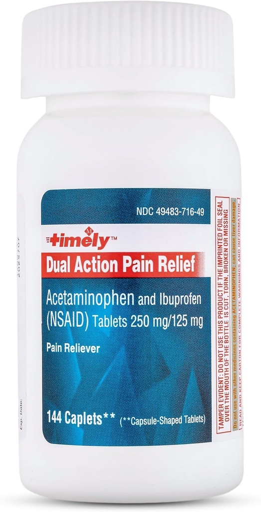 Acetaminofeno de acción dual 250 mg e Ibuprofeno 125 mg - Alimentador de dolor genérico, Reductor de fiebre, Alivio de dolor de cabeza, Dolor menstrual, Dolor de dientes, Dolor muscular, Alivio de dolor de artritis - 144 Conteo