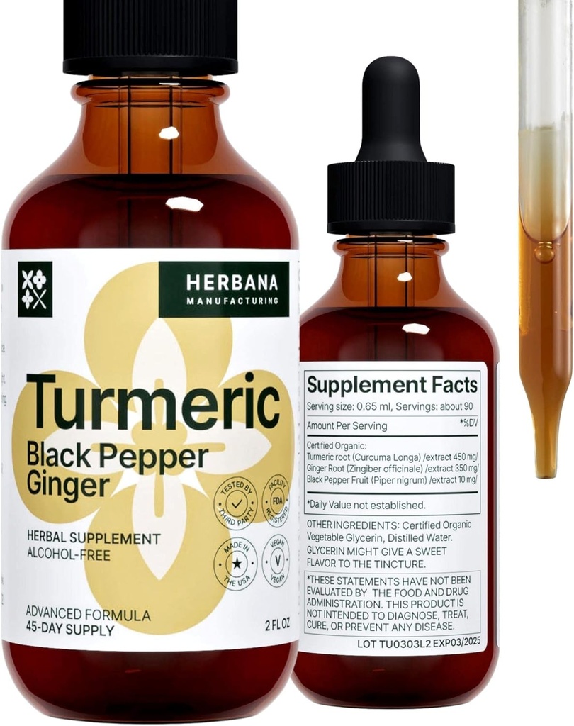 Tormérico 3-en-1 Líquido Extracto - Curcumin &amp; Ginger, Black Pepper - Suplemento Natural Herbal - Immune and Brain Booster Tintura (2 FL OZ)