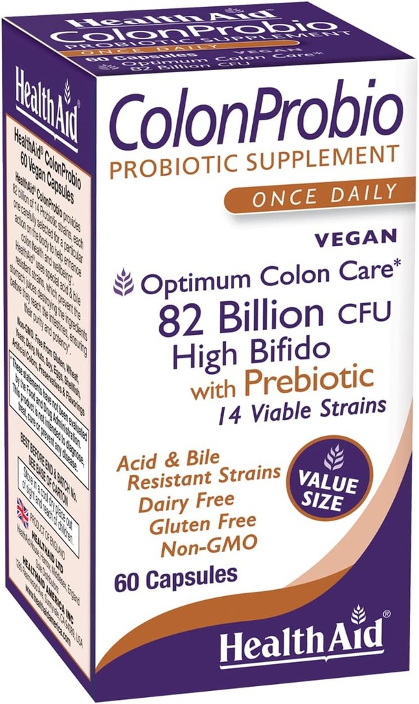 HealthAid ColonProbio 82 Billion with Prebiotic, 14 Strains, Once Daily, 60ct, Optimum Colon Care, Acid &amp; Bile Resistant, Dairy Free, Gluten Free, Non-GMO, High Bifido