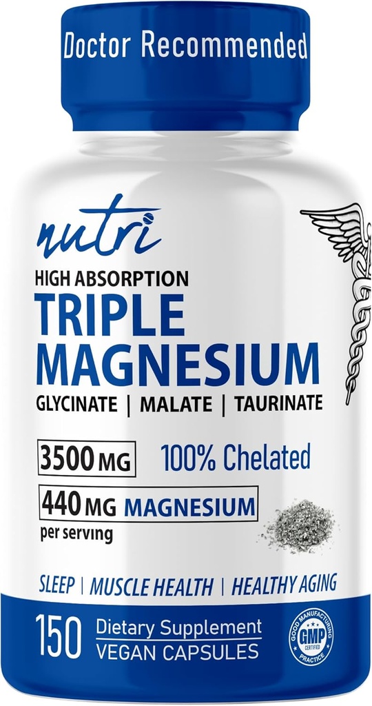 Nutri Triple Magnesium Complex 440mg - Magnesium Glycinate, Malate, & Taurinate - 100% Chelated for Maximum Absorption - 120 Vegan Capsules - Triple Complex Magnesium - Magnesio Triple Complex