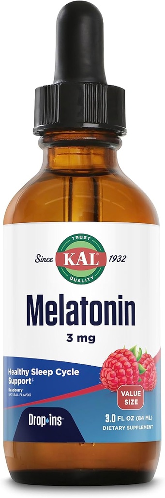 KAL Melatonin 3mg DropIns, Fast Acting Sleep Aid, Melatonin Drops for Calming Relaxation and Healthy Sleep Cycle Support, Natural Raspberry Flavor, 60 Day Guarantee, Aprox. 88 Servings, 3 fl oz
