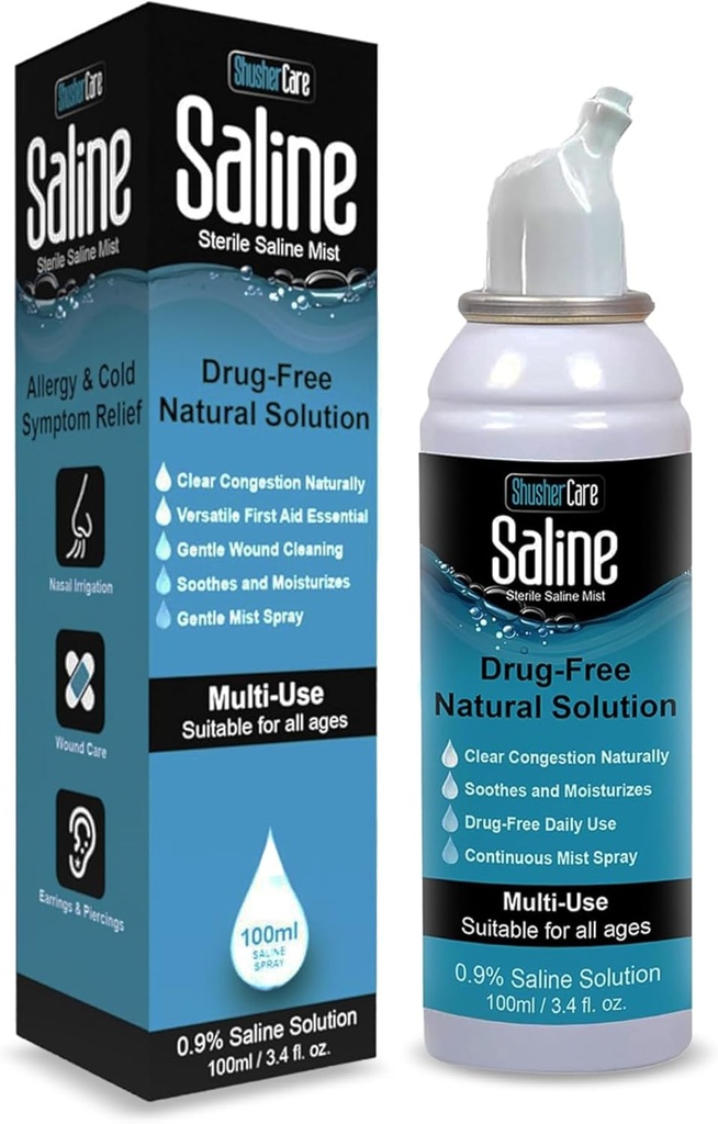 Saline Spray for Nose - Nasal Spray Saline Solution for Newborn, Baby &amp; Adults, Salt Water Decongestant Mist for Stuffy Nose, Travel Friendly, Natural, 0.9% Saline - 100 ml (3.4 fl oz)