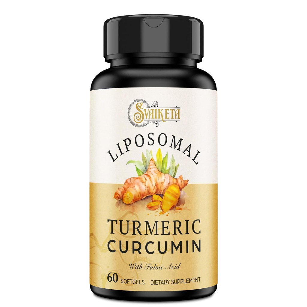 Liposomal Turmeric Curcumin Supplement 2000mg, 95% Standardized Curcuminoid Extract & Organic Root Powder with Piperine Black Pepper Fruit (15mg), 60 softgels
