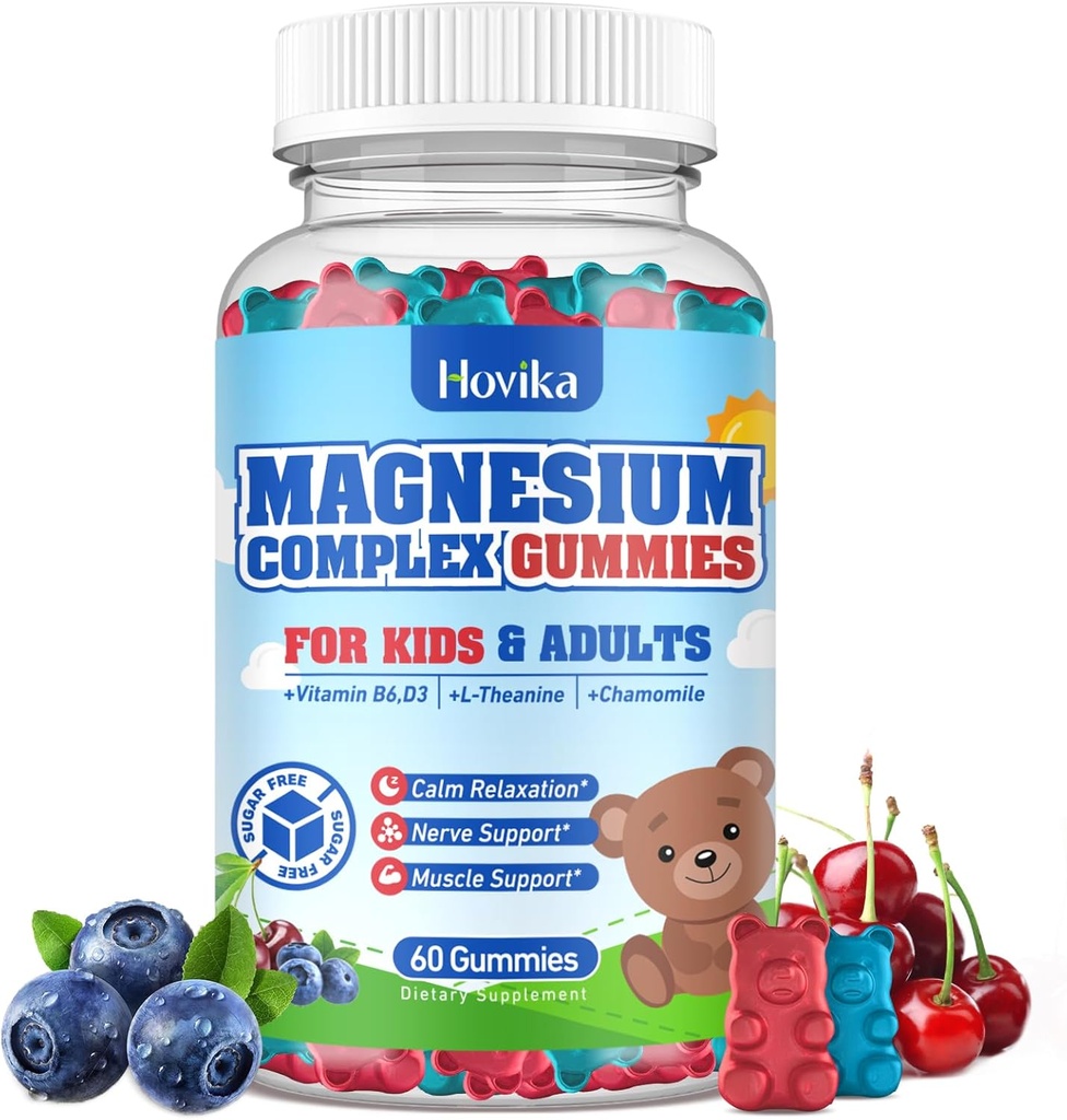 Gummies de magnesio para niños - Magnesium Glycinate Citrate Chewable Suplemento con Vitamina B6, D3, Pasión Flor, L-theanina - Sugar Magnesio de calma libre para niños &amp; adultos Sleep, Mood, Relax, 60 Chews