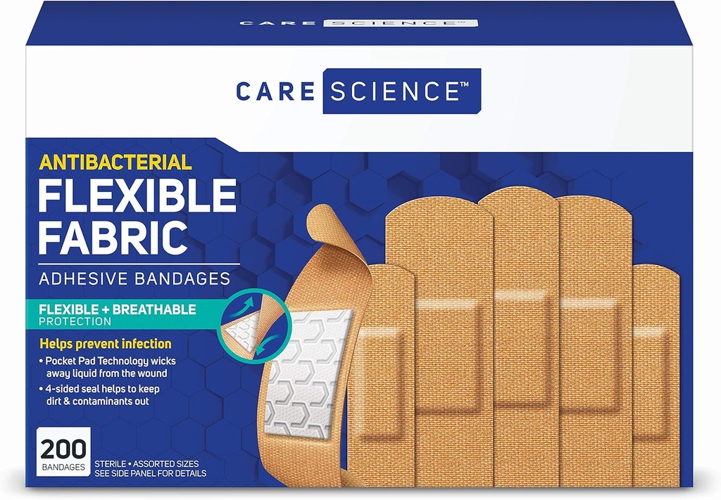 Care Science Fabric Adhesive Bandages, 200 ct Bulk surtido tamaños ← Protección flexible + transpirable para primeros auxilios y cuidado de heridas
