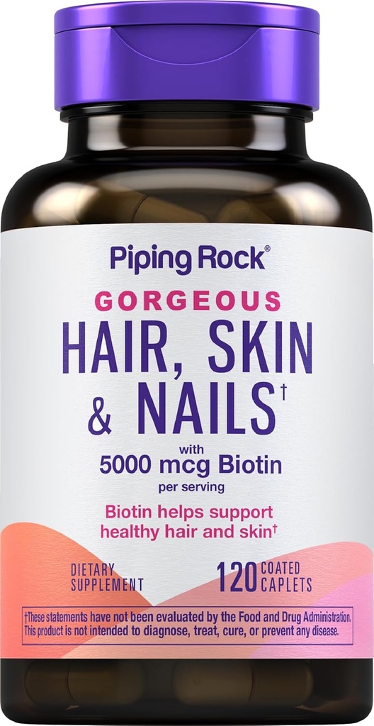 Piping Rock Hair Skin and Nails Vitaminas  120 Caplet Pills ← Collagen  5000 mcg of Biotin ← Non-GMO, Gluten Free Supplement