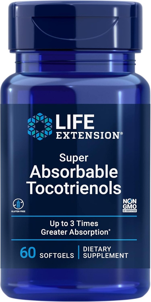 Extensión de vida Super Absorbable Tocotrienols, Vitamina E como D-Alpha tocopherol, Tocotrienol mixto, Apoyo Crecimiento del cabello, Función del cerebro, Libre de gluten, No GMO, 60 softgels
